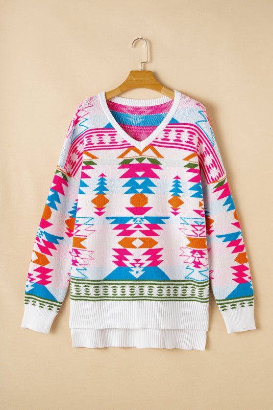 DLLS86 - White Oversize Aztec Print High Low V Neck Sweater