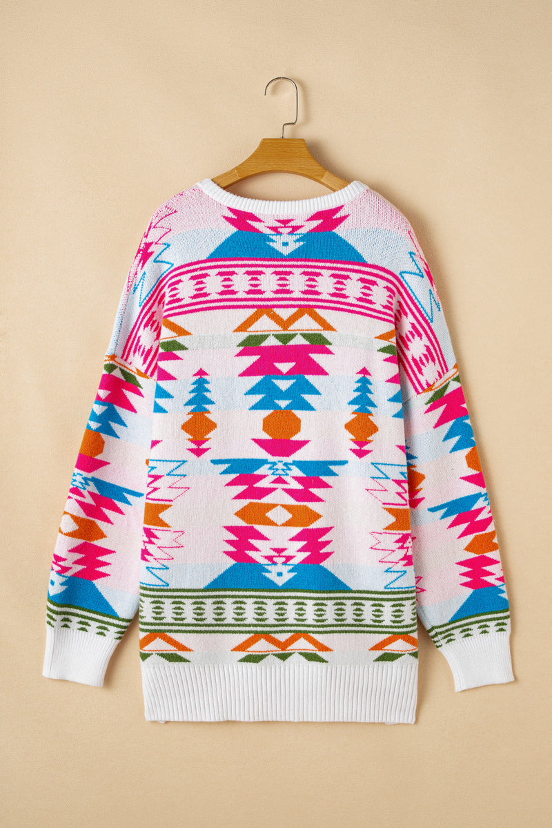 Load image into Gallery viewer, DLLS86 - White Oversize Aztec Print High Low V Neck Sweater
