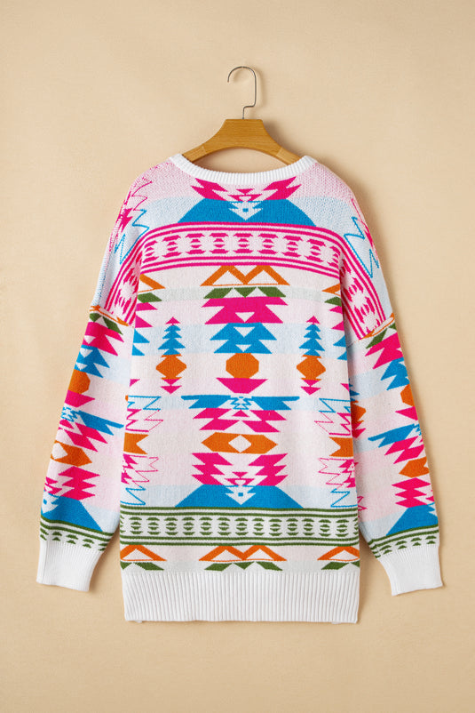 DLLS86 - White Oversize Aztec Print High Low V Neck Sweater