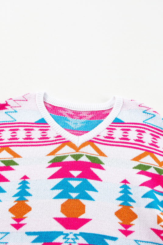 DLLS86 - White Oversize Aztec Print High Low V Neck Sweater