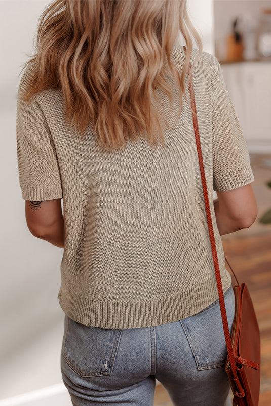 DLLS46 -Beige Shiny Knitted Short Sleeve Drop Shoulder Sweater