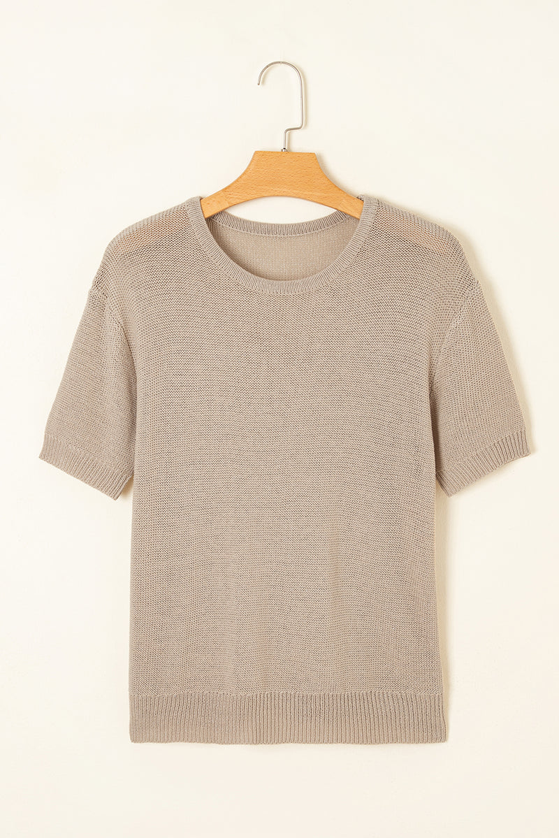 Load image into Gallery viewer, DLLS46 -Beige Shiny Knitted Short Sleeve Drop Shoulder Sweater

