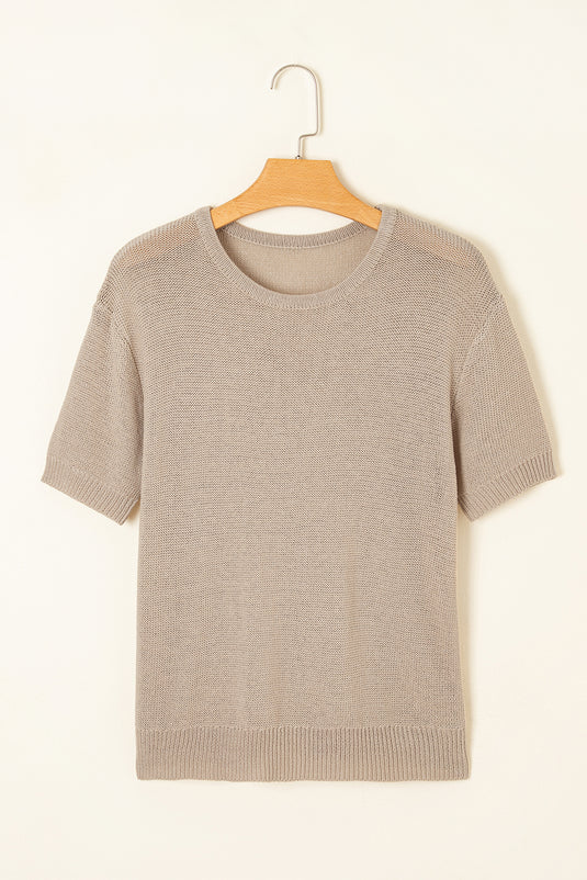 DLLS46 -Beige Shiny Knitted Short Sleeve Drop Shoulder Sweater