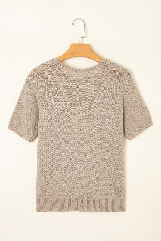 DLLS46 -Beige Shiny Knitted Short Sleeve Drop Shoulder Sweater