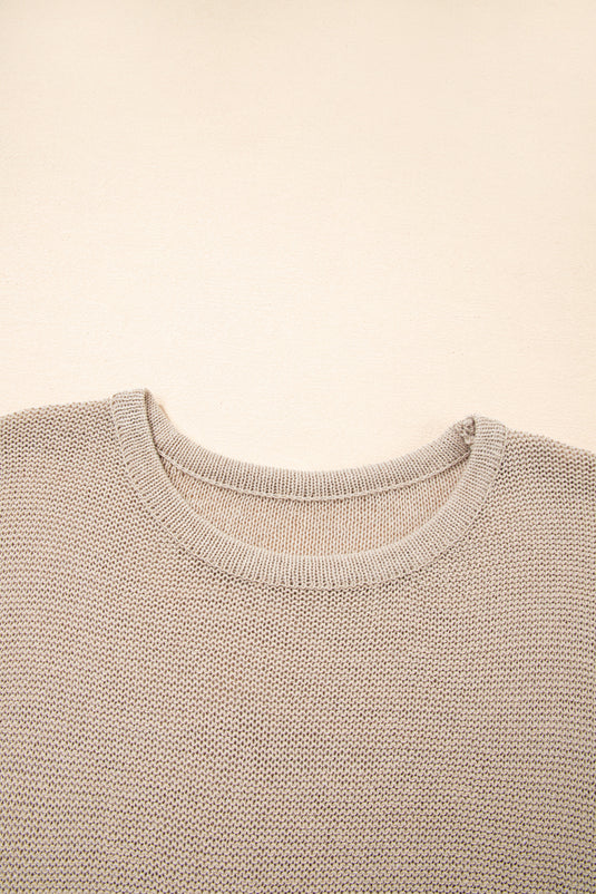 DLLS46 -Beige Shiny Knitted Short Sleeve Drop Shoulder Sweater