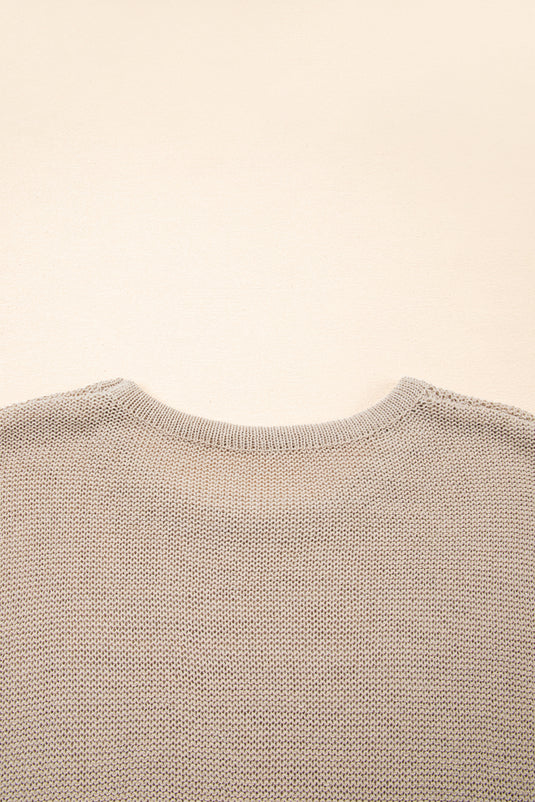 DLLS46 -Beige Shiny Knitted Short Sleeve Drop Shoulder Sweater