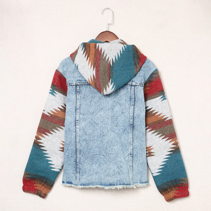 Load image into Gallery viewer, DLLS91 - Multicolor Aztec Print Frayed Hem Denim Jacket
