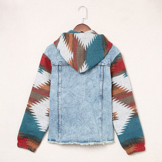 DLLS91 - Multicolor Aztec Print Frayed Hem Denim Jacket