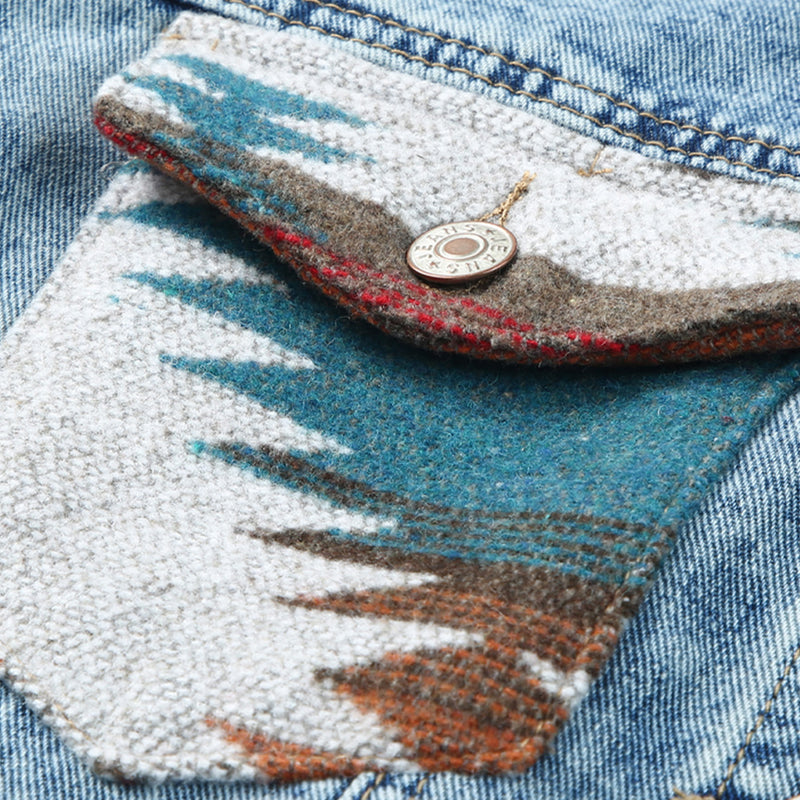 Load image into Gallery viewer, DLLS91 - Multicolor Aztec Print Frayed Hem Denim Jacket
