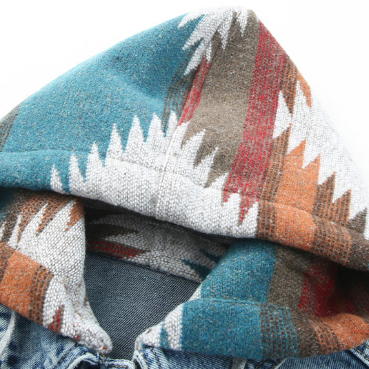 DLLS91 - Multicolor Aztec Print Frayed Hem Denim Jacket