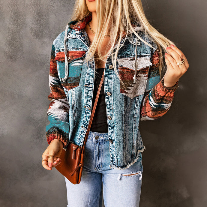 DLLS91 - Multicolor Aztec Print Frayed Hem Denim Jacket
