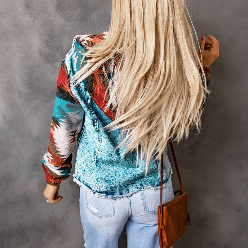 Load image into Gallery viewer, DLLS91 - Multicolor Aztec Print Frayed Hem Denim Jacket

