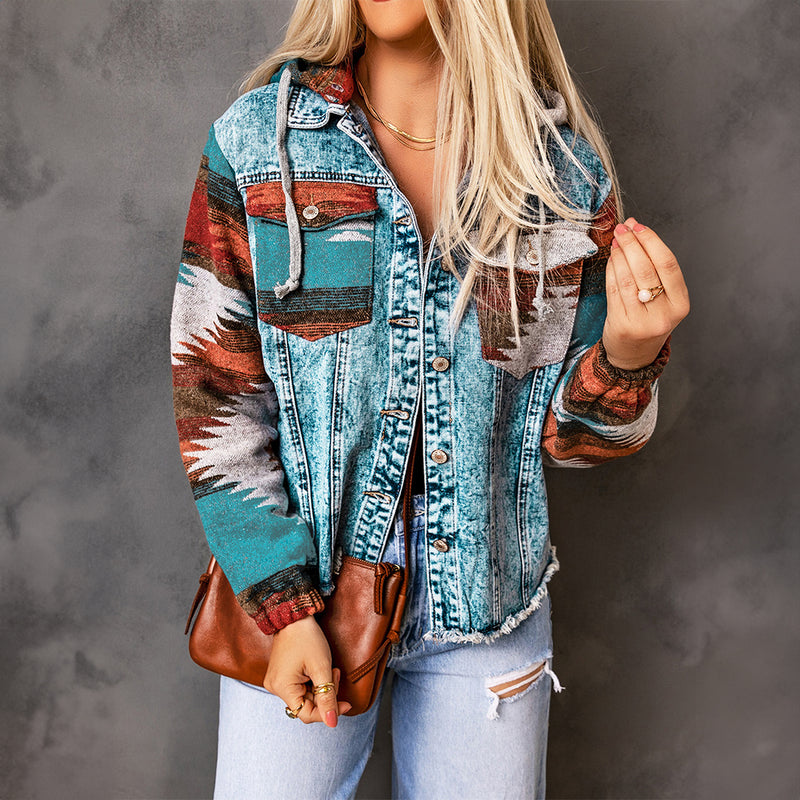 Load image into Gallery viewer, DLLS91 - Multicolor Aztec Print Frayed Hem Denim Jacket
