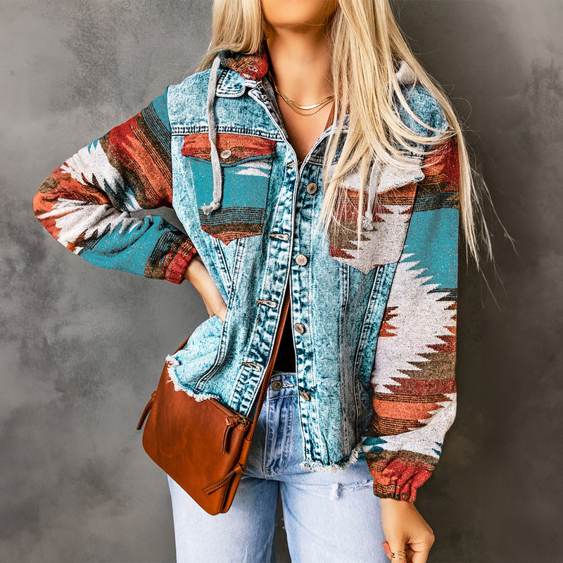 Load image into Gallery viewer, DLLS91 - Multicolor Aztec Print Frayed Hem Denim Jacket
