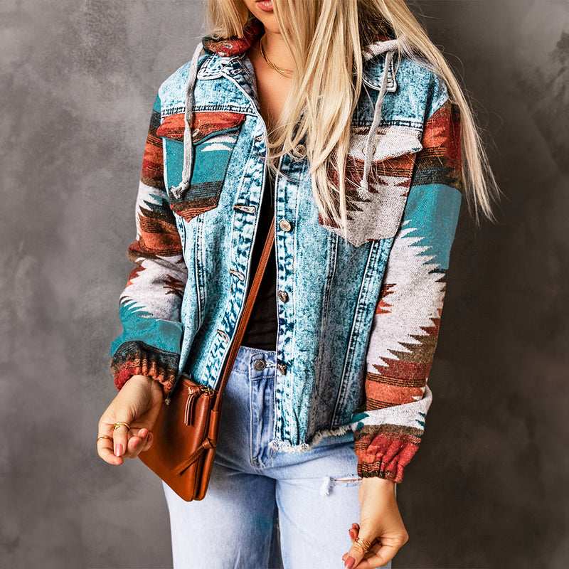 Load image into Gallery viewer, DLLS91 - Multicolor Aztec Print Frayed Hem Denim Jacket
