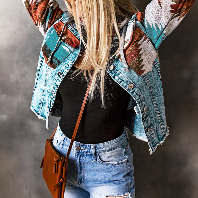 Load image into Gallery viewer, DLLS91 - Multicolor Aztec Print Frayed Hem Denim Jacket

