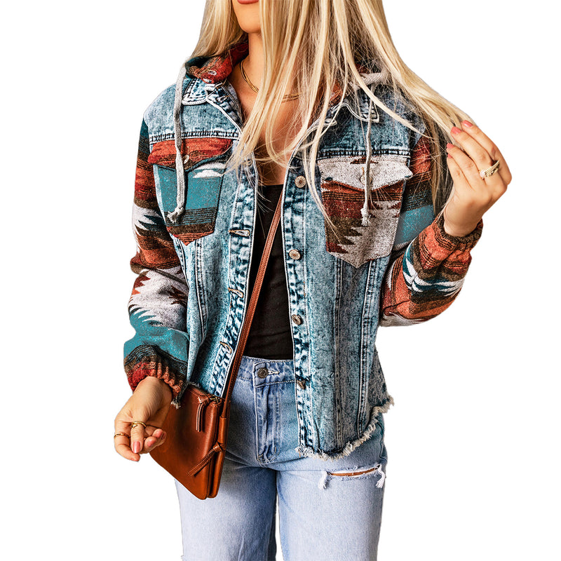 Load image into Gallery viewer, DLLS91 - Multicolor Aztec Print Frayed Hem Denim Jacket
