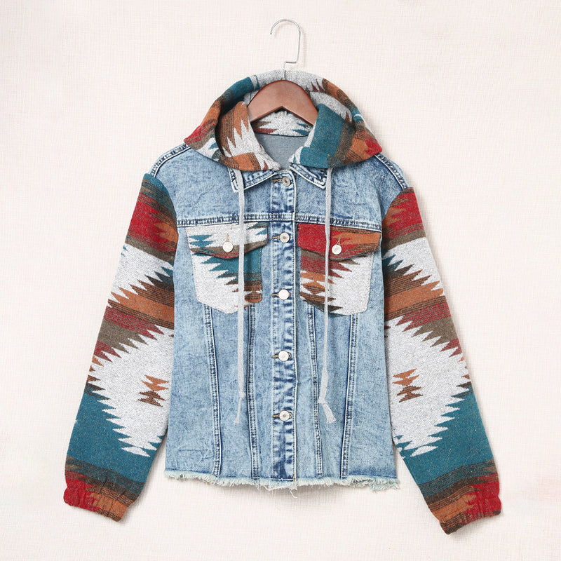 Load image into Gallery viewer, DLLS91 - Multicolor Aztec Print Frayed Hem Denim Jacket
