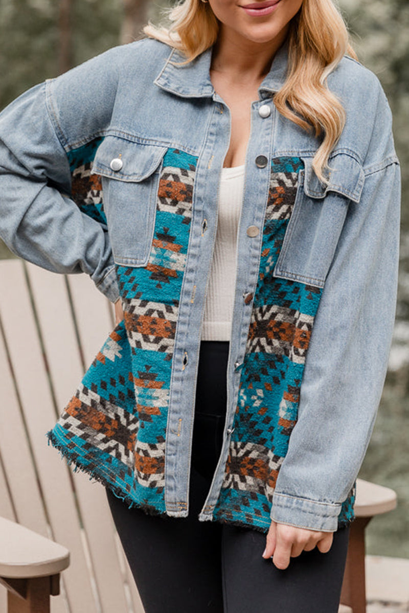Load image into Gallery viewer, DLLS89 - Blue Aztec Printed Denim Jacket
