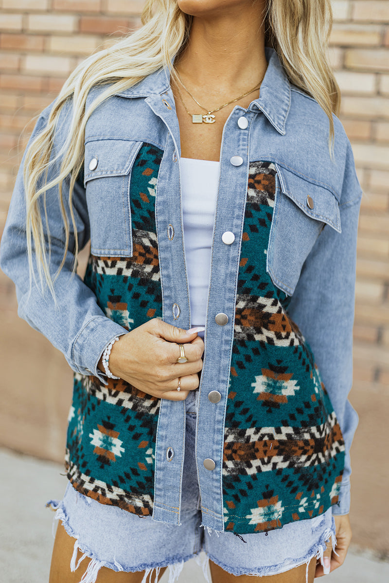 Load image into Gallery viewer, DLLS89 - Blue Aztec Printed Denim Jacket
