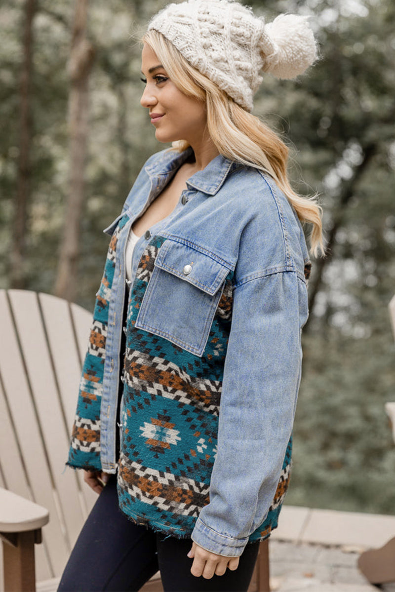 Load image into Gallery viewer, DLLS89 - Blue Aztec Printed Denim Jacket

