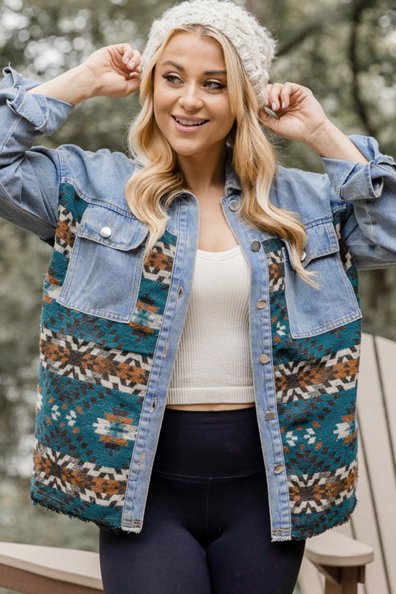 Load image into Gallery viewer, DLLS89 - Blue Aztec Printed Denim Jacket
