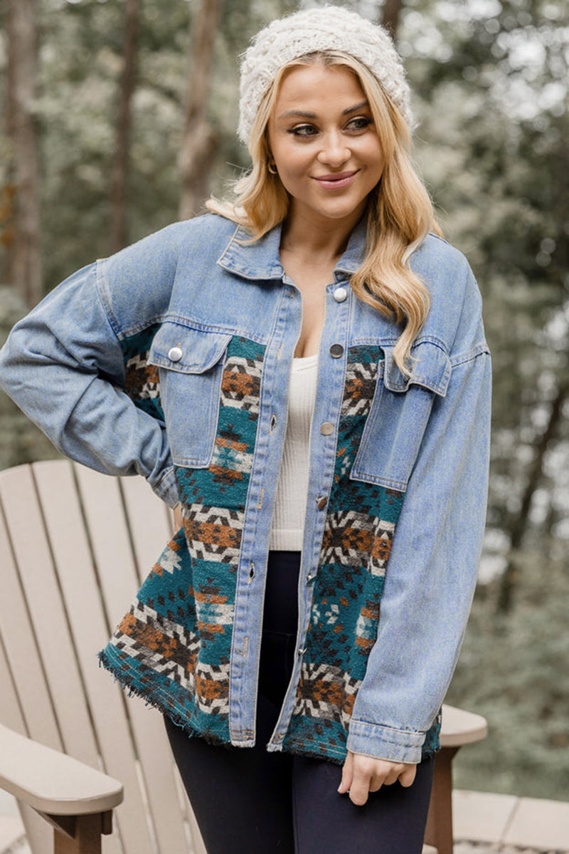 Load image into Gallery viewer, DLLS89 - Blue Aztec Printed Denim Jacket
