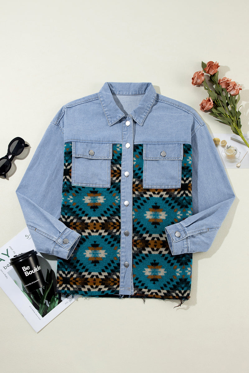 Load image into Gallery viewer, DLLS89 - Blue Aztec Printed Denim Jacket
