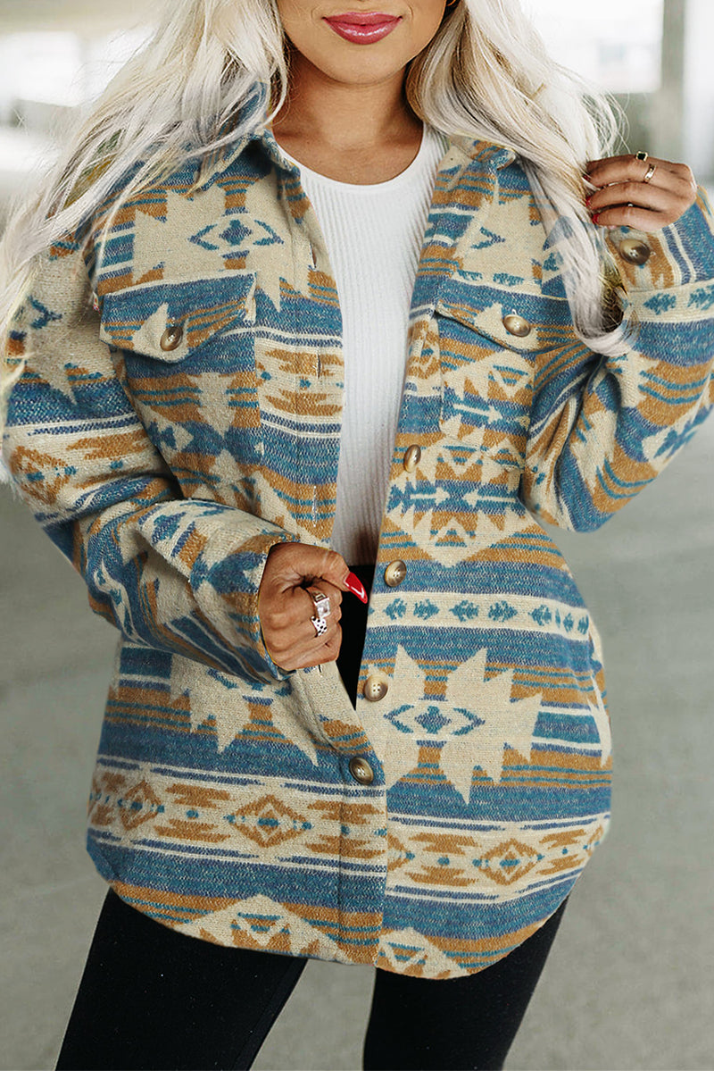 Load image into Gallery viewer, DLLS92 - Blue Western Aztec Print Button Flap Pocket Shacket
