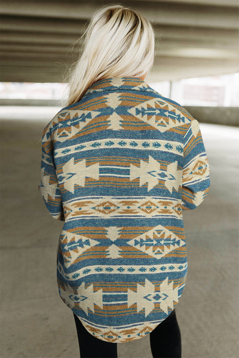 Load image into Gallery viewer, DLLS92 - Blue Western Aztec Print Button Flap Pocket Shacket
