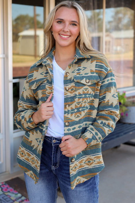 DLLS92 - Blue Western Aztec Print Button Flap Pocket Shacket