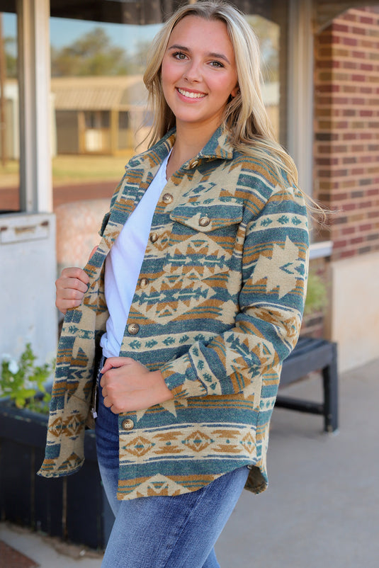 DLLS92 - Blue Western Aztec Print Button Flap Pocket Shacket