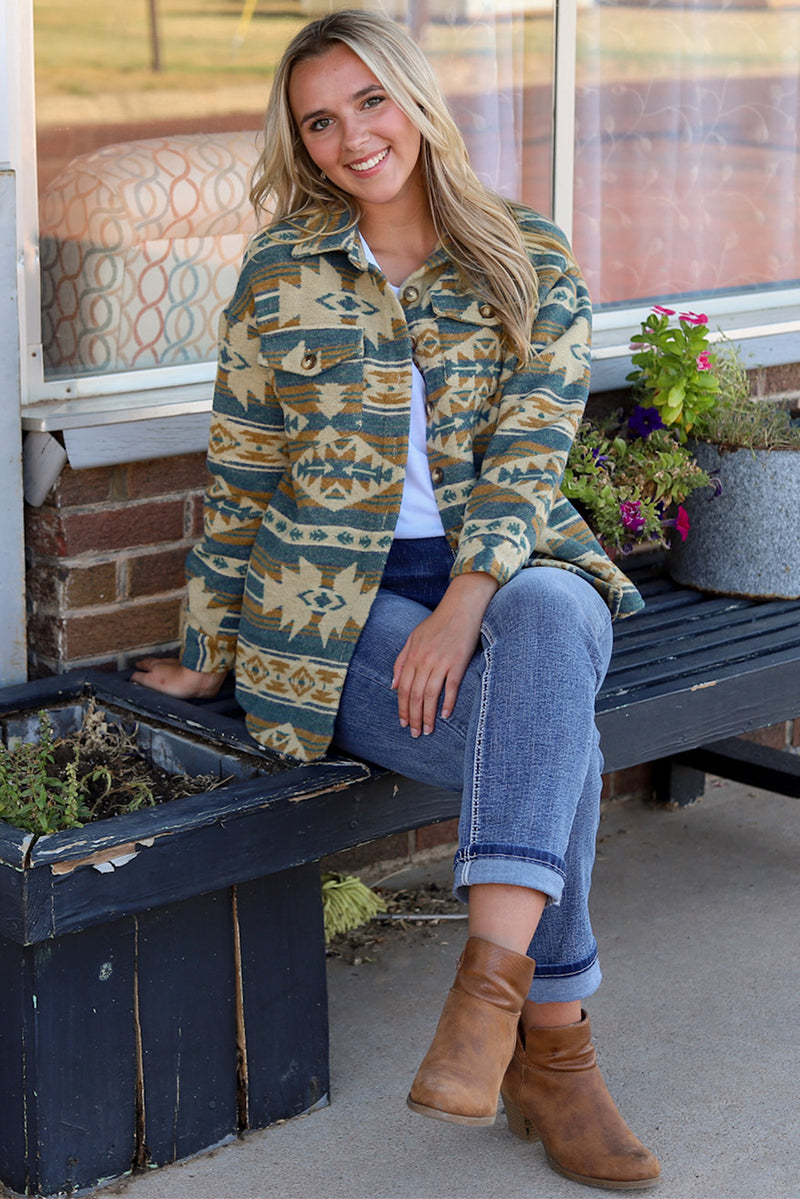 Load image into Gallery viewer, DLLS92 - Blue Western Aztec Print Button Flap Pocket Shacket
