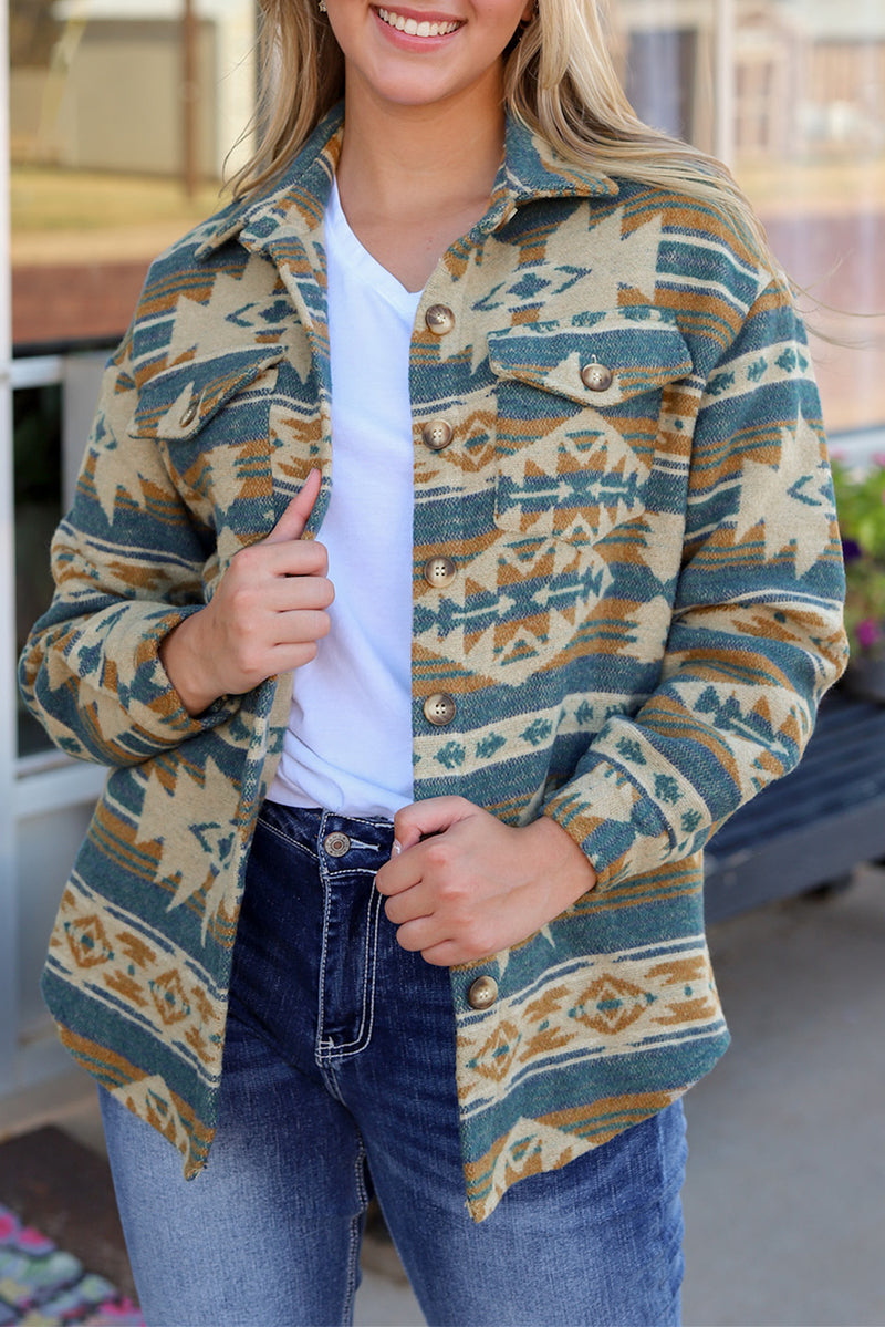 Load image into Gallery viewer, DLLS92 - Blue Western Aztec Print Button Flap Pocket Shacket
