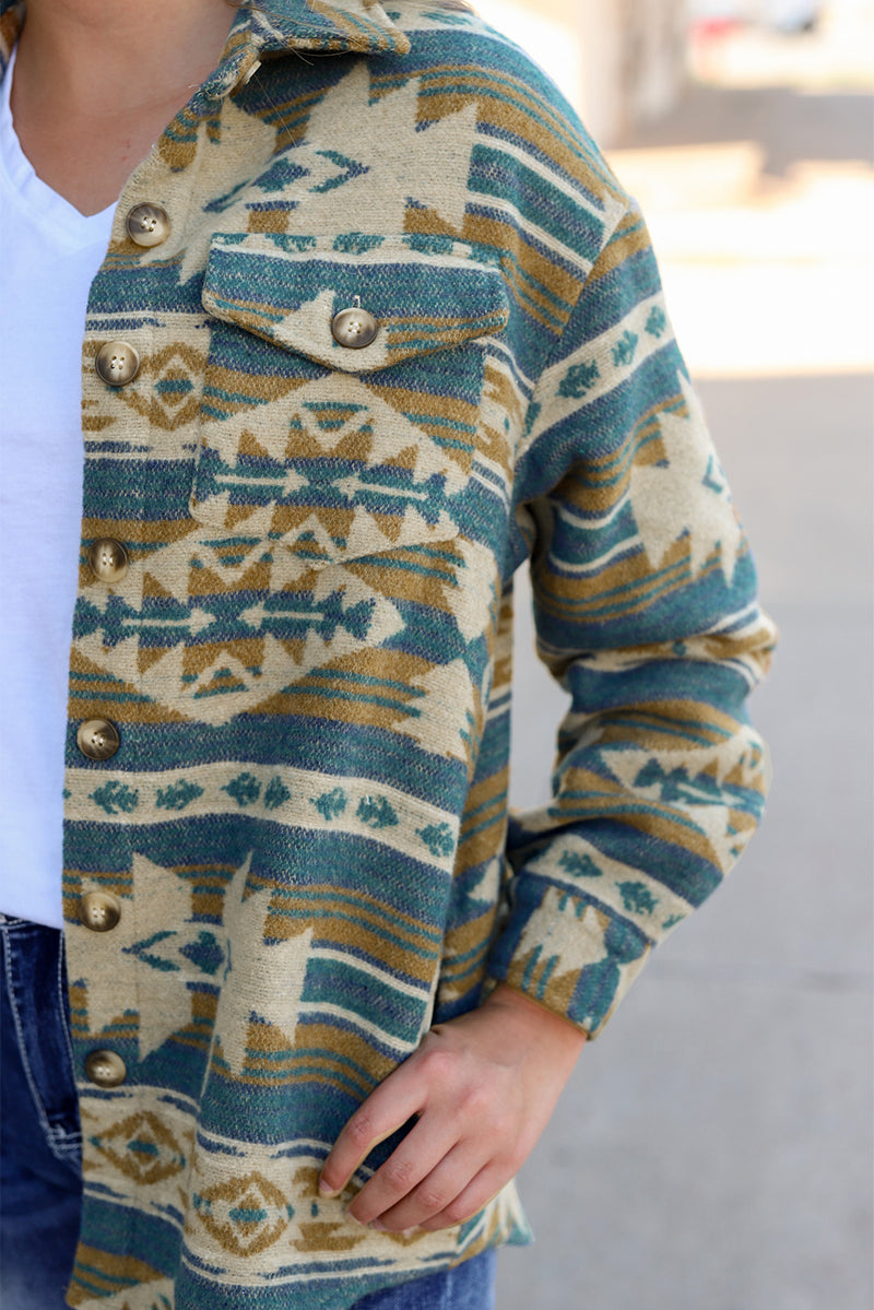 Load image into Gallery viewer, DLLS92 - Blue Western Aztec Print Button Flap Pocket Shacket

