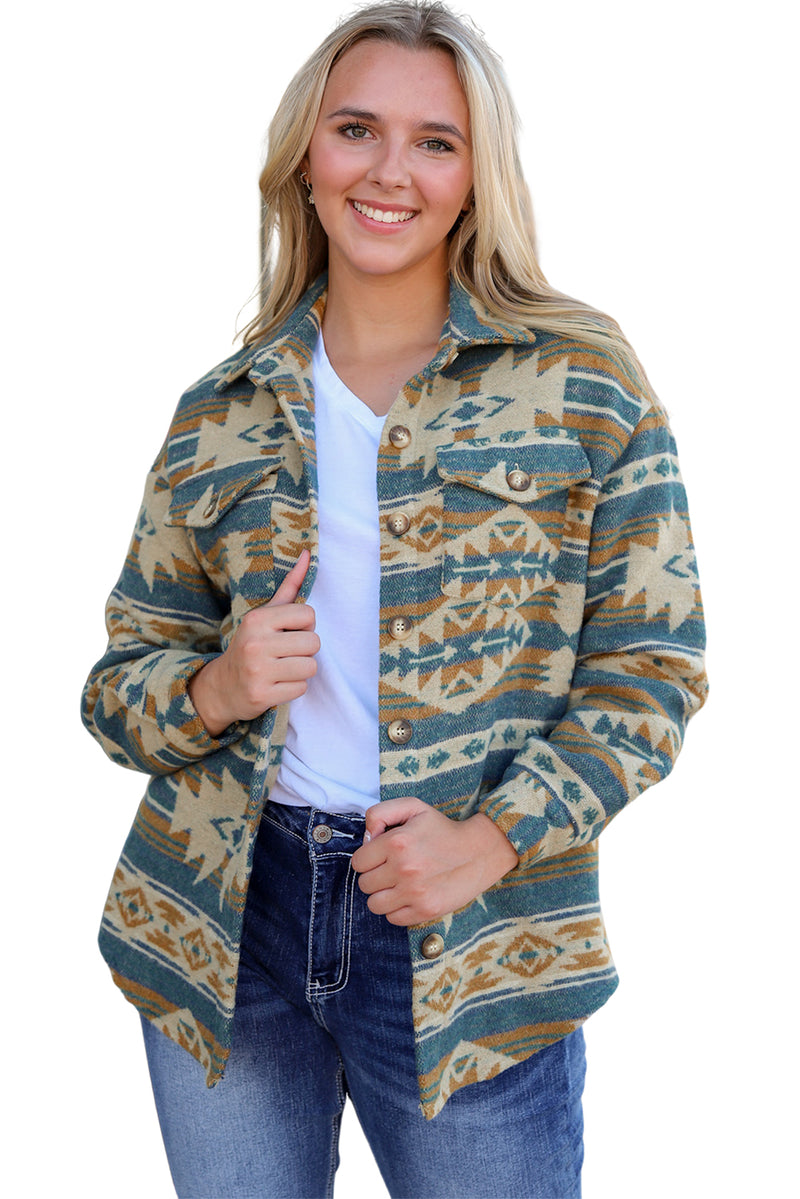 Load image into Gallery viewer, DLLS92 - Blue Western Aztec Print Button Flap Pocket Shacket
