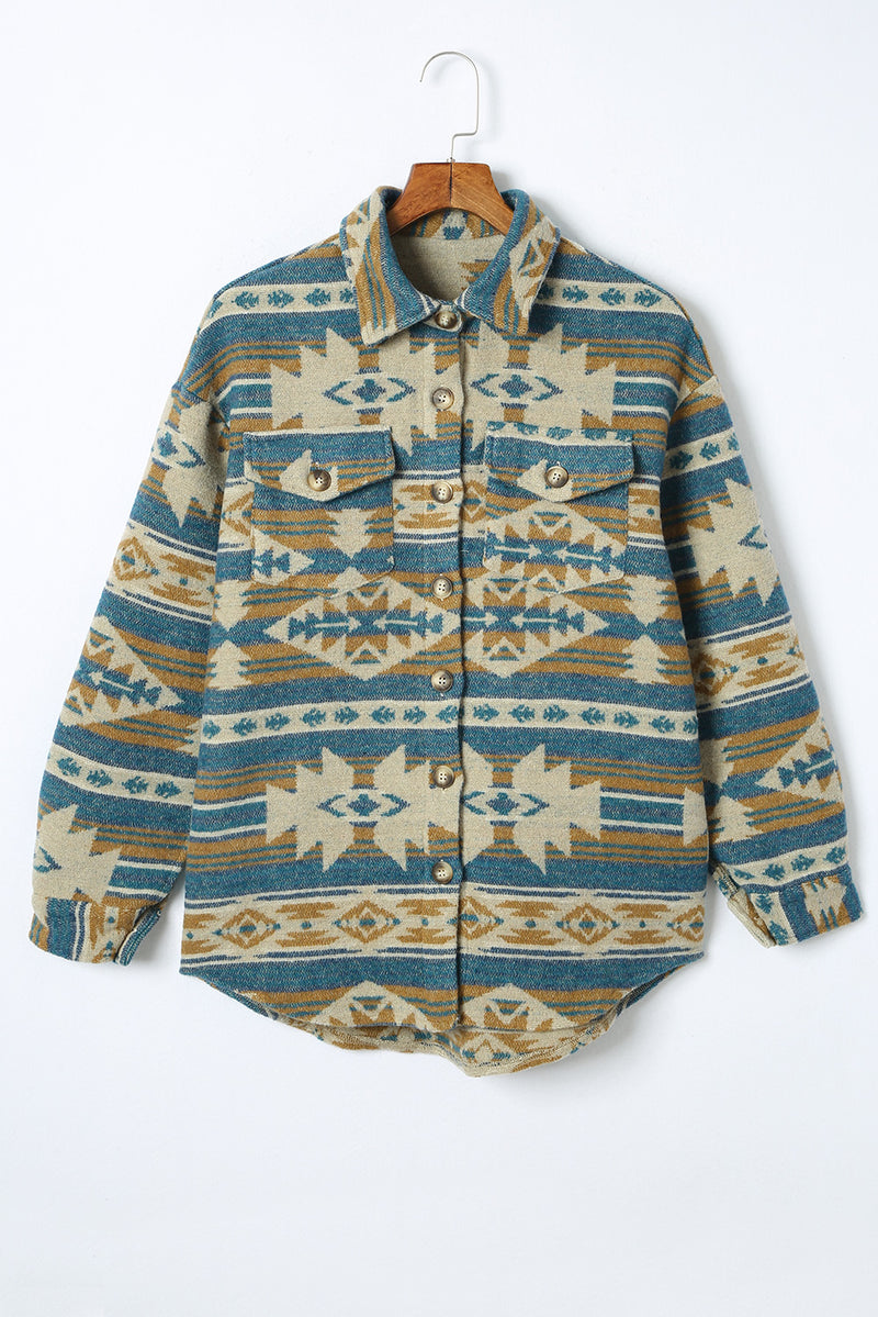 Load image into Gallery viewer, DLLS92 - Blue Western Aztec Print Button Flap Pocket Shacket
