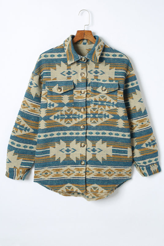 DLLS92 - Blue Western Aztec Print Button Flap Pocket Shacket