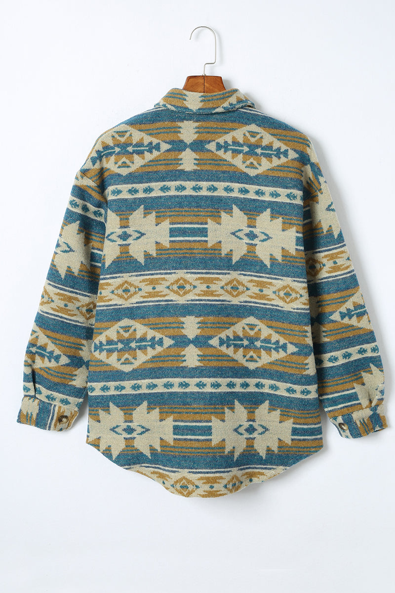 Load image into Gallery viewer, DLLS92 - Blue Western Aztec Print Button Flap Pocket Shacket
