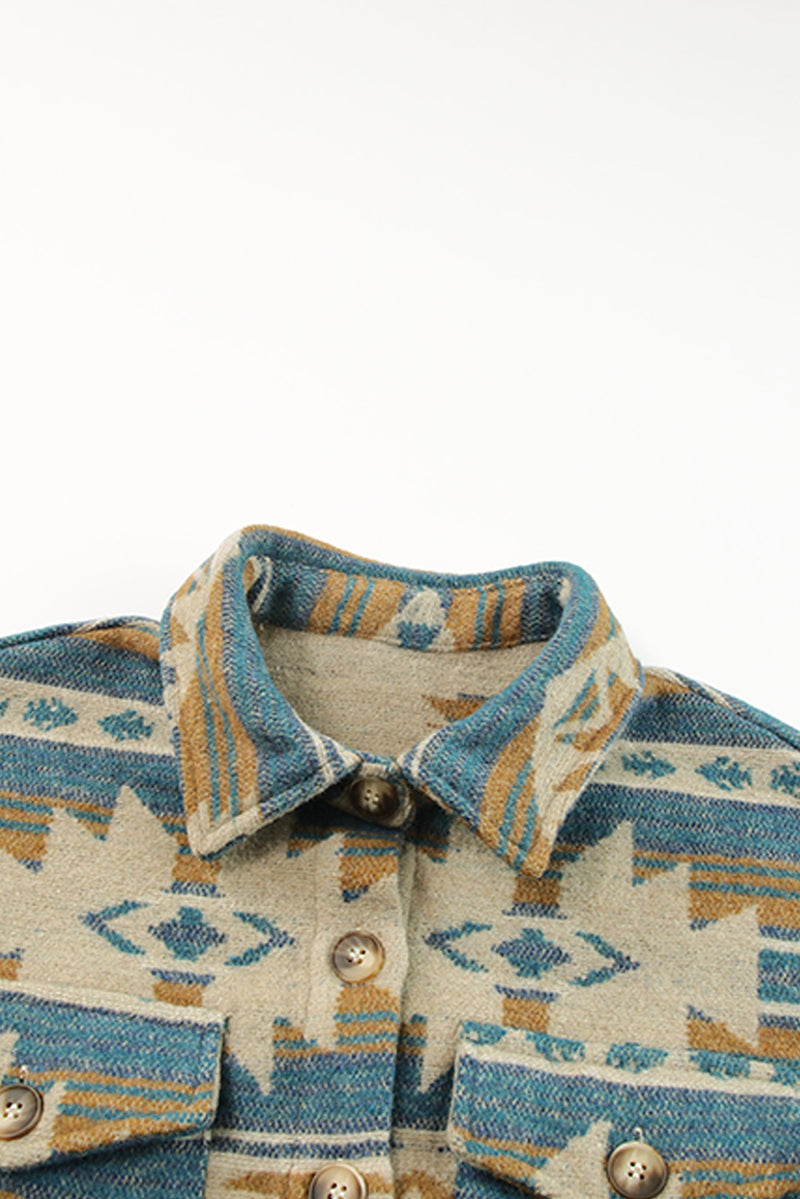 Load image into Gallery viewer, DLLS92 - Blue Western Aztec Print Button Flap Pocket Shacket
