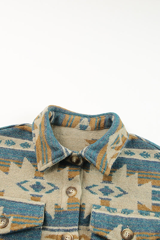 DLLS92 - Blue Western Aztec Print Button Flap Pocket Shacket