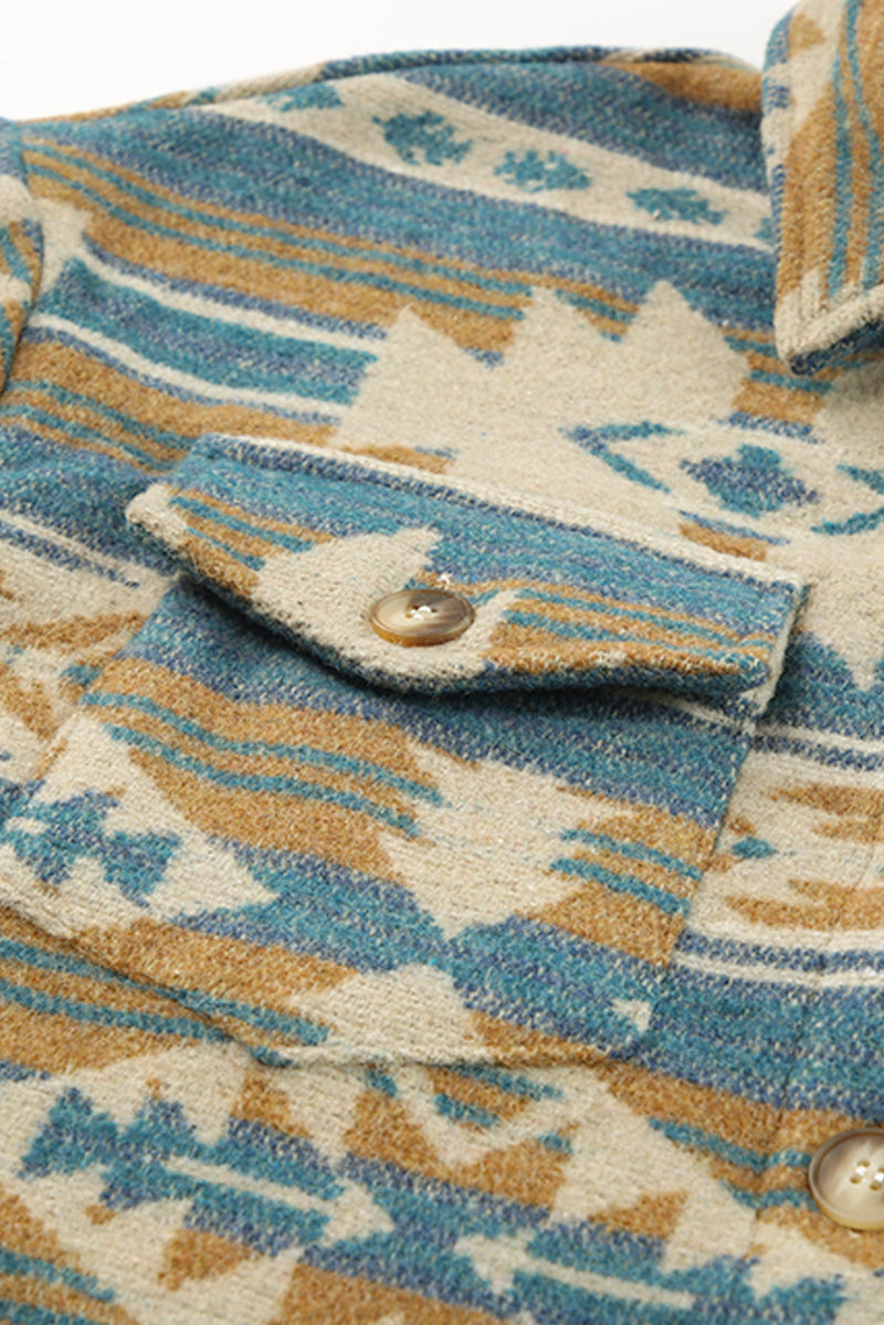 Load image into Gallery viewer, DLLS92 - Blue Western Aztec Print Button Flap Pocket Shacket
