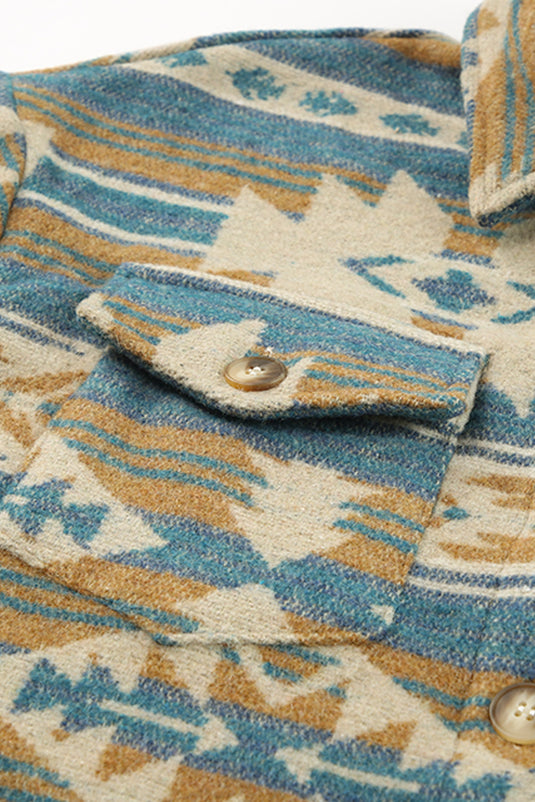 DLLS92 - Blue Western Aztec Print Button Flap Pocket Shacket