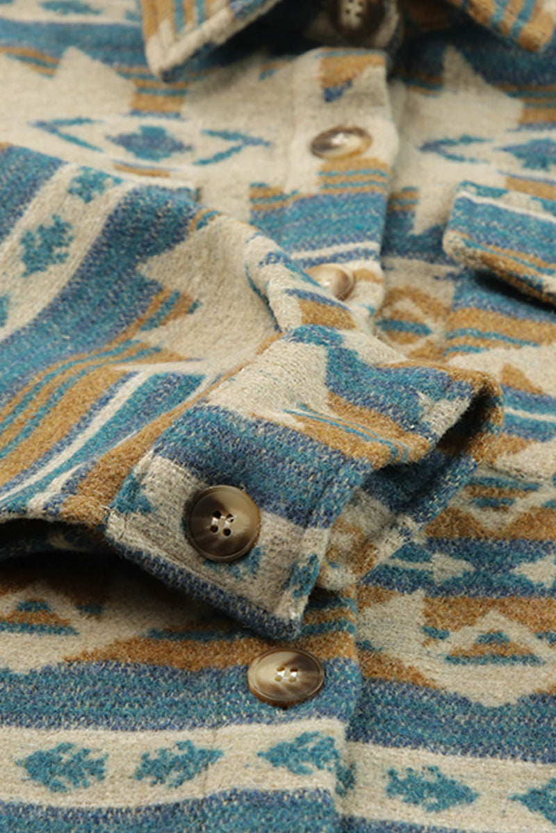 Load image into Gallery viewer, DLLS92 - Blue Western Aztec Print Button Flap Pocket Shacket
