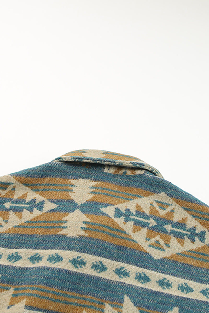 Load image into Gallery viewer, DLLS92 - Blue Western Aztec Print Button Flap Pocket Shacket
