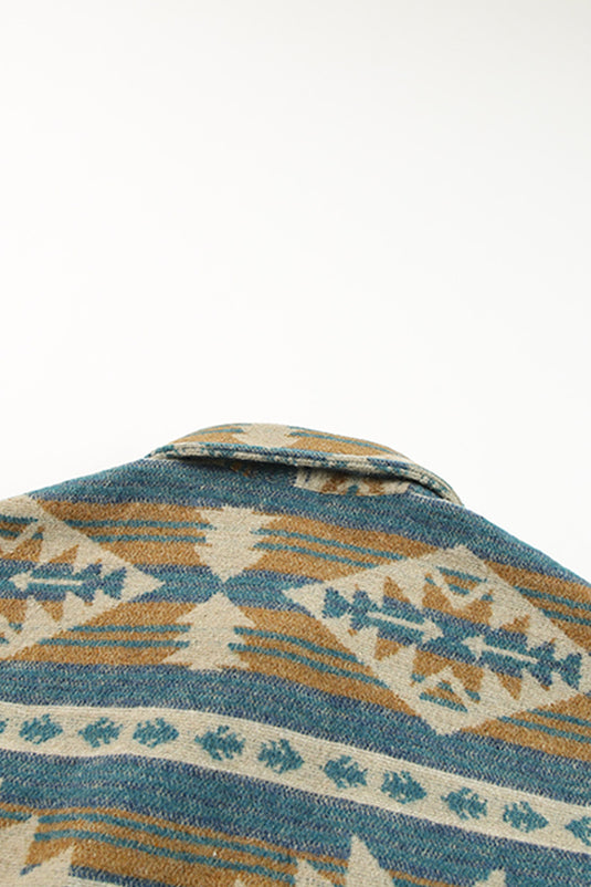 DLLS92 - Blue Western Aztec Print Button Flap Pocket Shacket