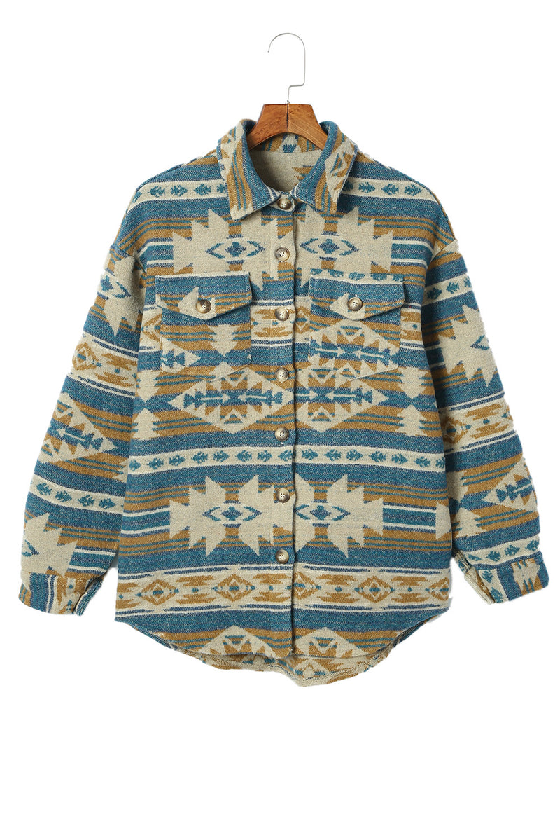 Load image into Gallery viewer, DLLS92 - Blue Western Aztec Print Button Flap Pocket Shacket
