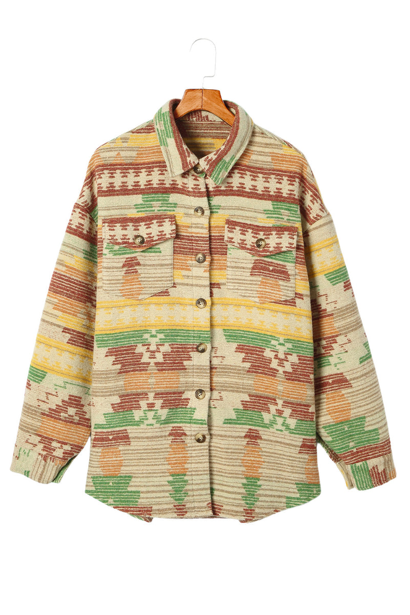 Load image into Gallery viewer, DLLS82 - Yellow Western Aztec Print Button Flap Pocket Shacket
