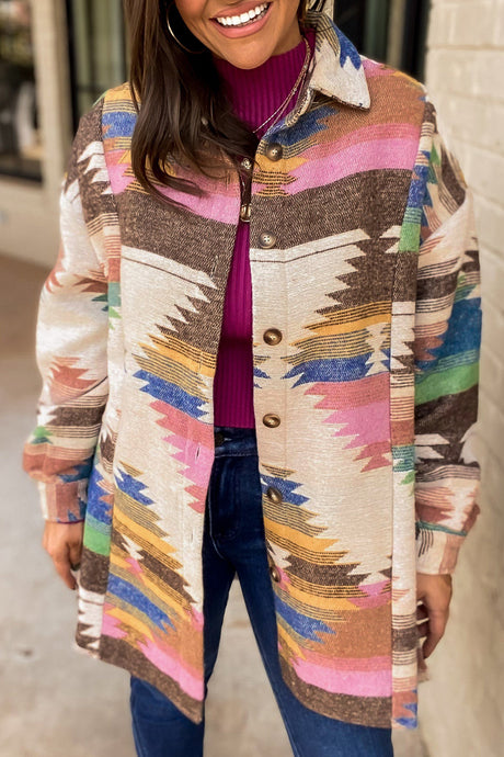 DLLS51 -White Aztec Print Button Up Shacket