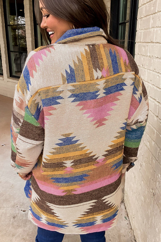 DLLS51 -White Aztec Print Button Up Shacket